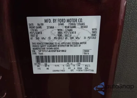 2009 Ford F-150 Fx4/Lariat/Xl/Xlt z USA, uszkodzony, nr VIN 1FTPX14V09FB41862